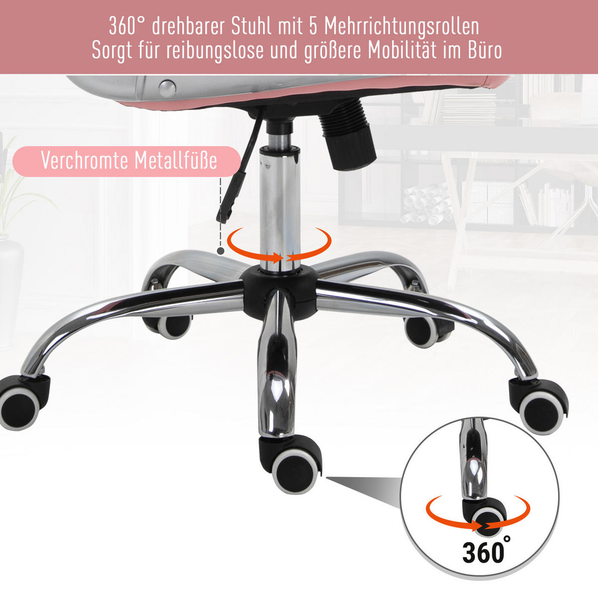 BÜROSTUHL höhenverstellbar 59,5 x 60,5 x 93-103 cm Pink Kunstleder - Pink, Metall (60.5/105/59.5cm) - Meubliv