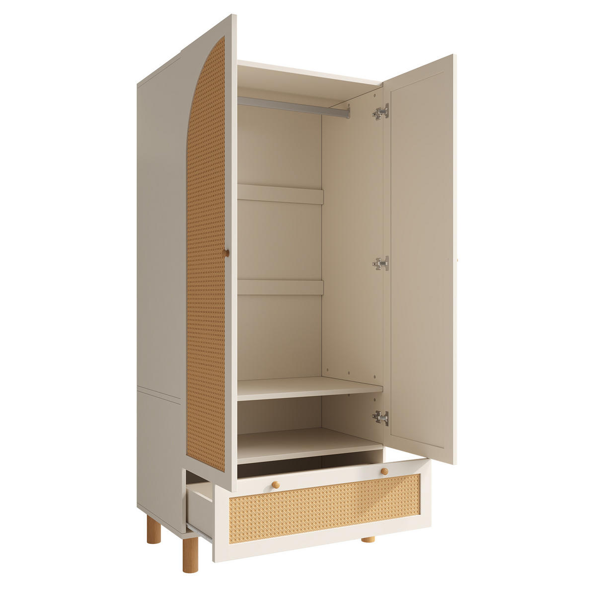 KLEIDERSCHRANK 2-türig 85,5/52/180,5 cm in Weiß mit Rattan & Schublade - Weiß, Holz (85.5/180.5/52cm) - BEAOK