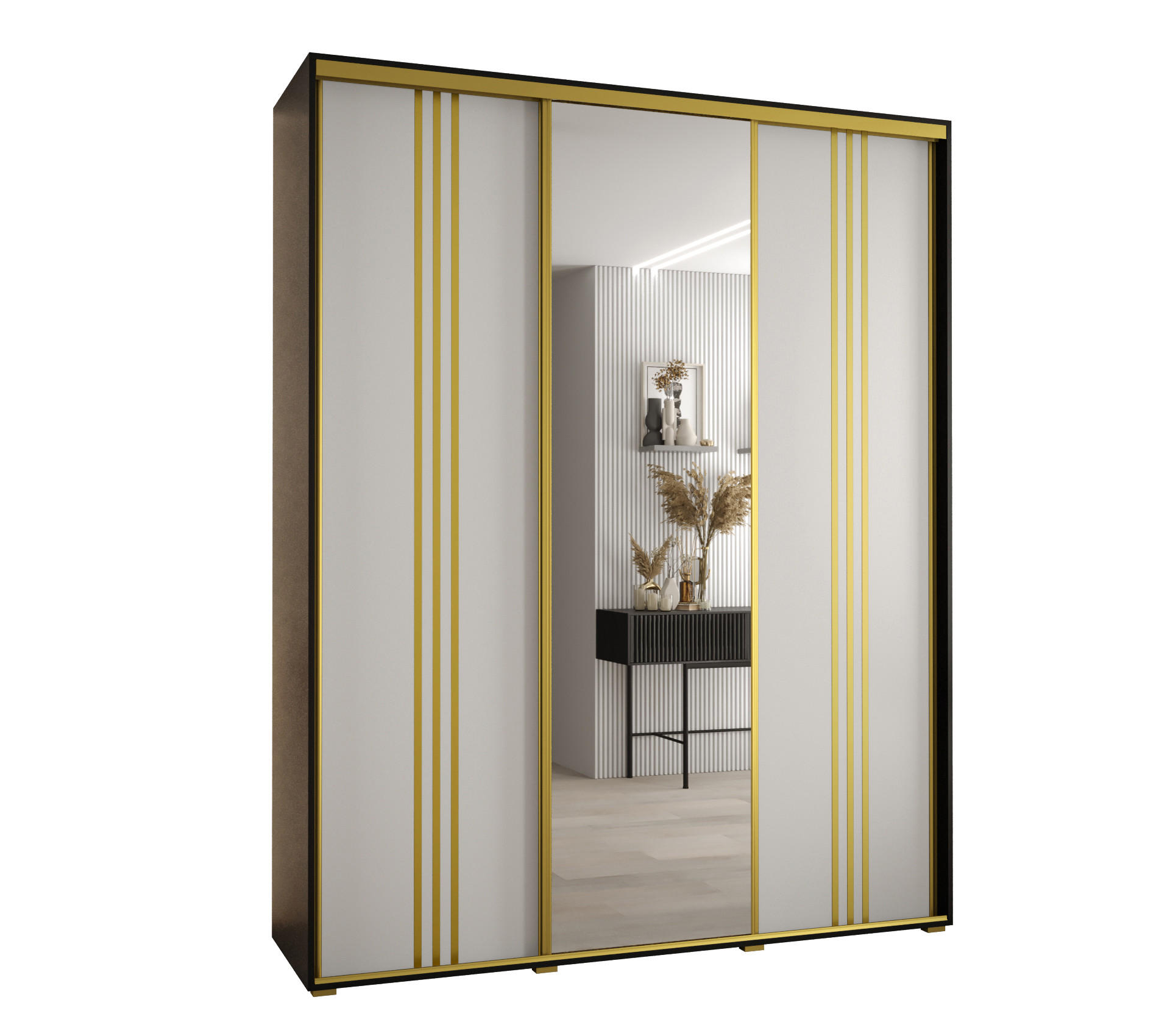Abiks Möbel Schwebetürenschrank Schwarz, Weiß, Gold 190x235x60 cm