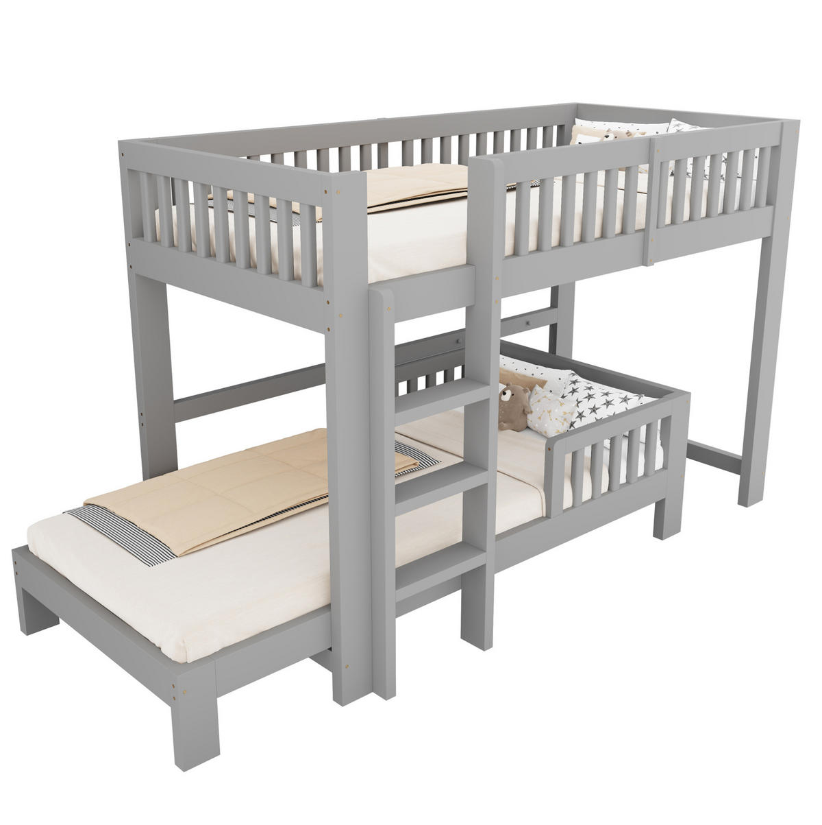 KINDERBETT-SET aus Kiefernholz 90x200 cm Grau, modular als Hoch- und Einzelbett - Grau, Holz (90/200cm) - Modfu