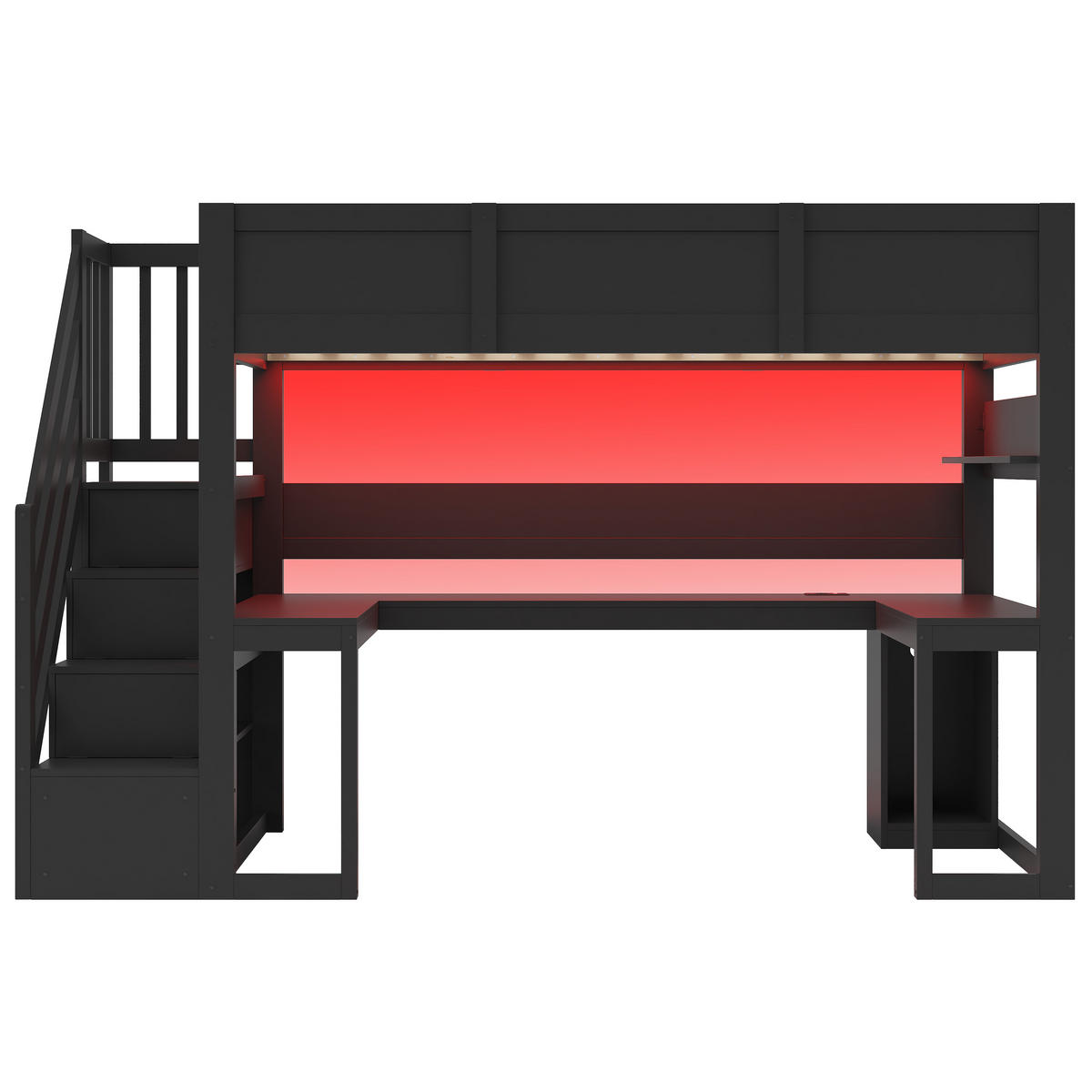 HOCHBETT 90 x 200 cm mit Schreibtisch LED-Beleuchtung und USB-Anschluss, Schwarz - Schwarz, Holz (90/200cm) - KOMHTOM