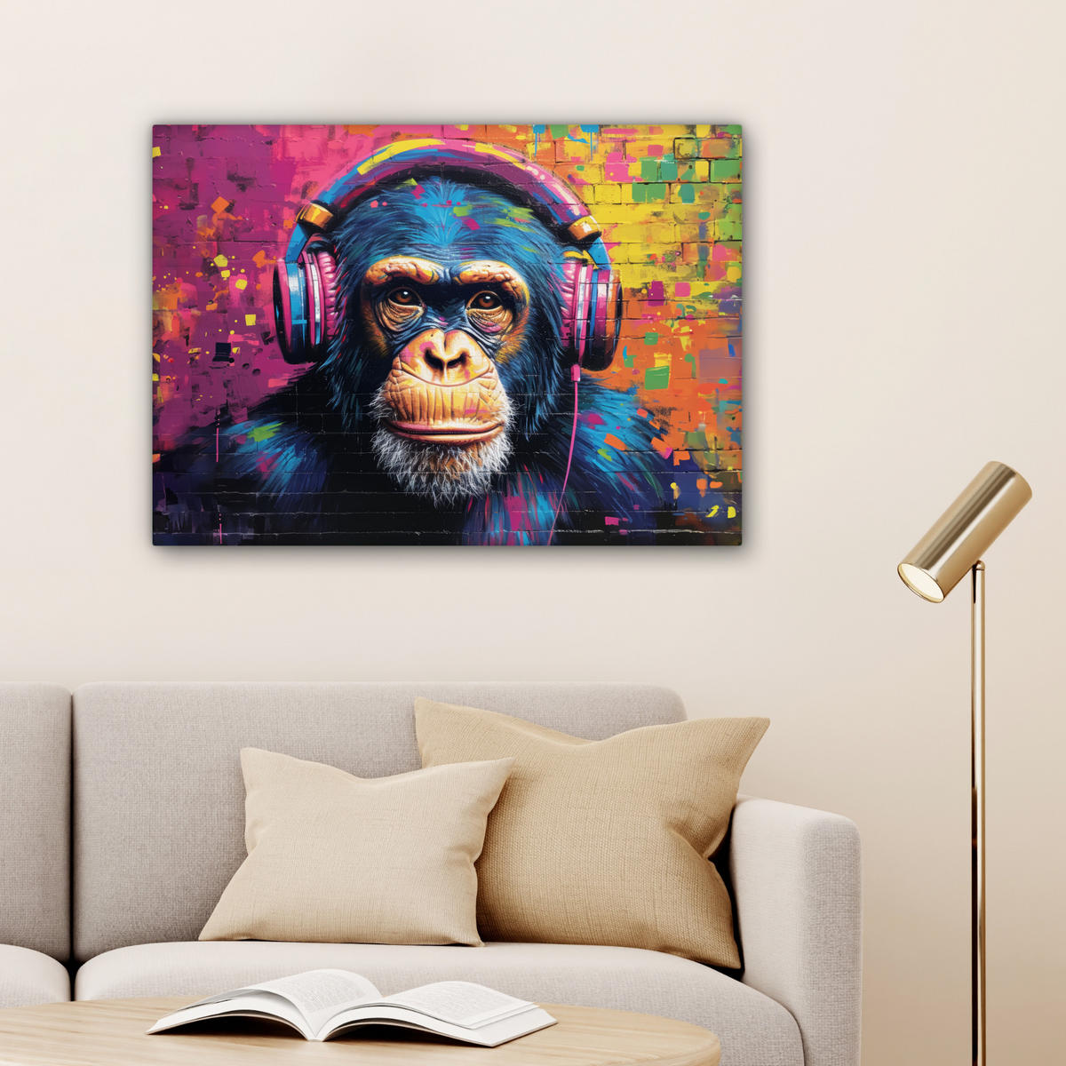 LEINWANDBILD Graffiti - Schimpanse - Straßenkunst - Kopfhörer - Affe Wandbilder 80x60 cm - Blau, Textil (80/60cm) - MuchoWow