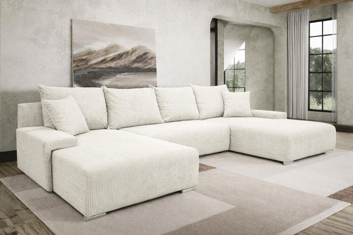 ECKSOFA U-Form Livorno Schlaffunktion Cord-Stoff Ecru - Chromfarben/Ecru, Holz/Kunststoff (348/93/188cm) - Kaiser Möbel