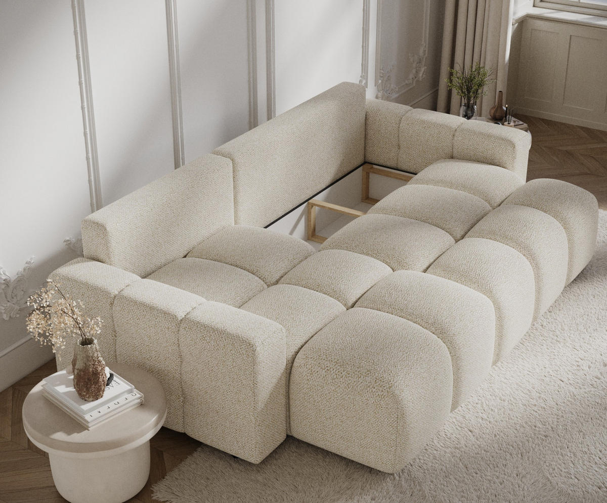 ECKSOFA MIT SCHLAFFUNKTION Ucci Creme Plüschstoff - Creme/Schwarz, Holz/Holzwerkstoff (233/142cm) - Maison de Reve