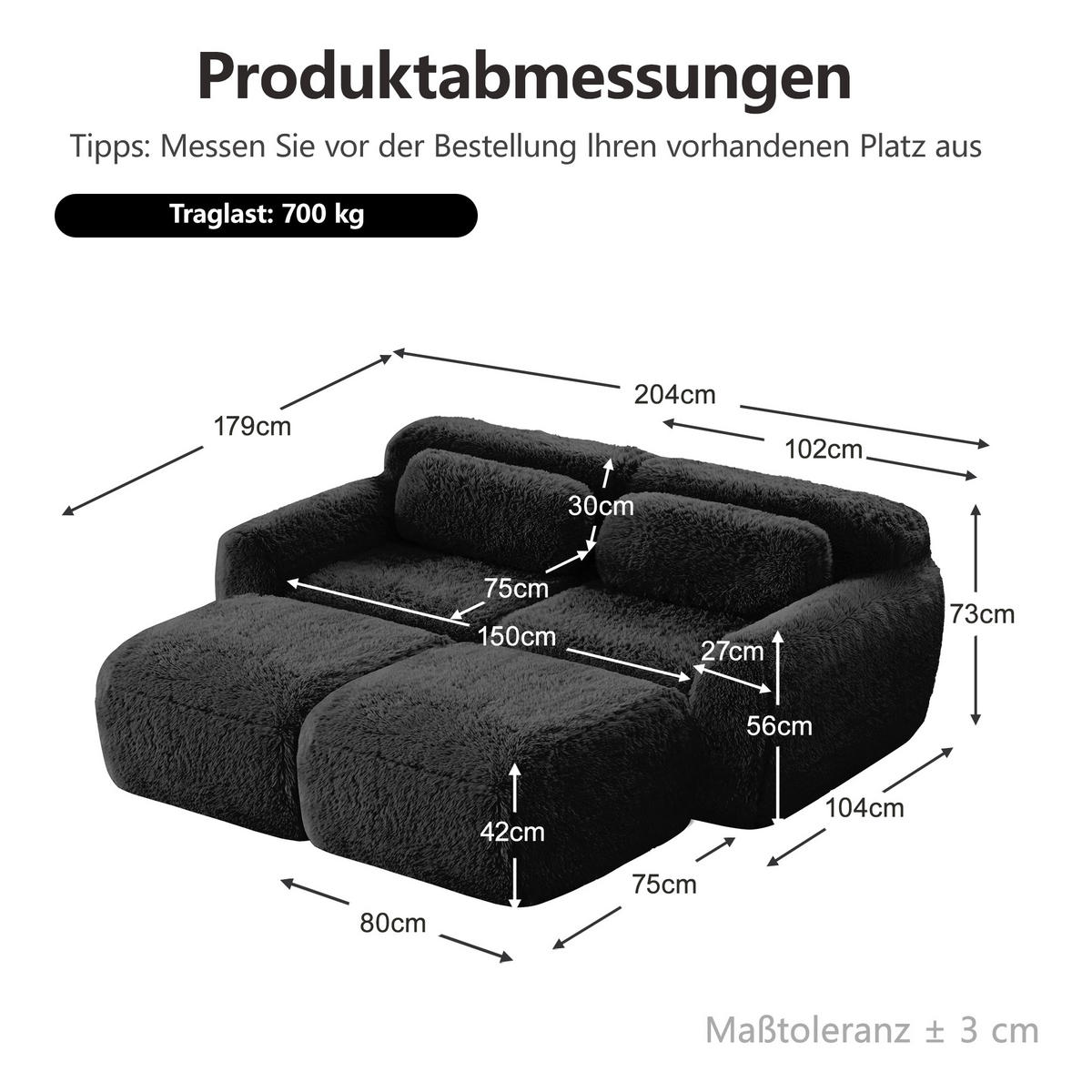 SCHLAFSOFA DE-34171 modular mit 2 Ottomans Schwarz - Schwarz, Textil (179/73/204cm) - ComfortXL