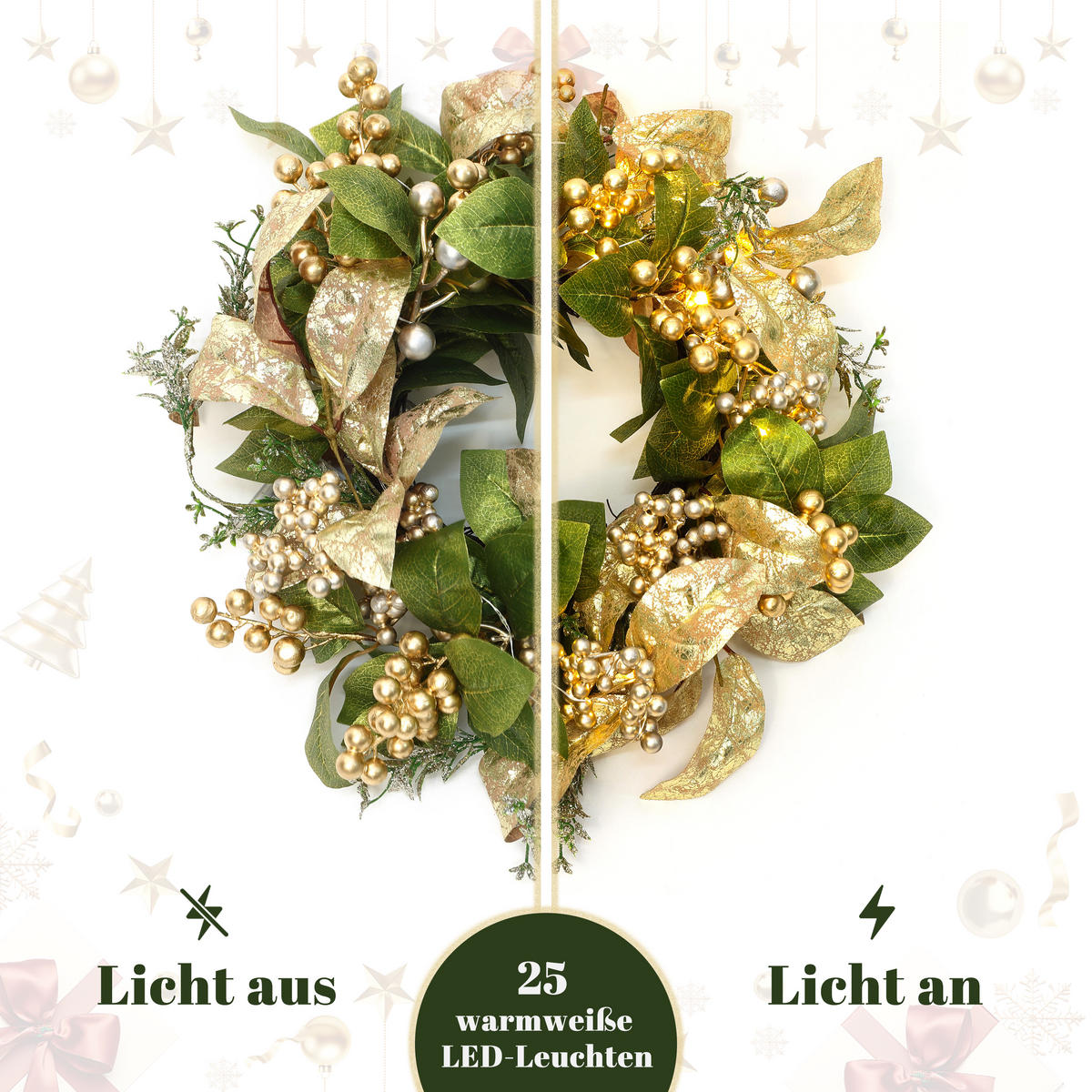 40CM Weihnachtskranz mit LED & Timer, Goldblätter & Beeren - Grün, Kunststoff (45cm) - Hometopia