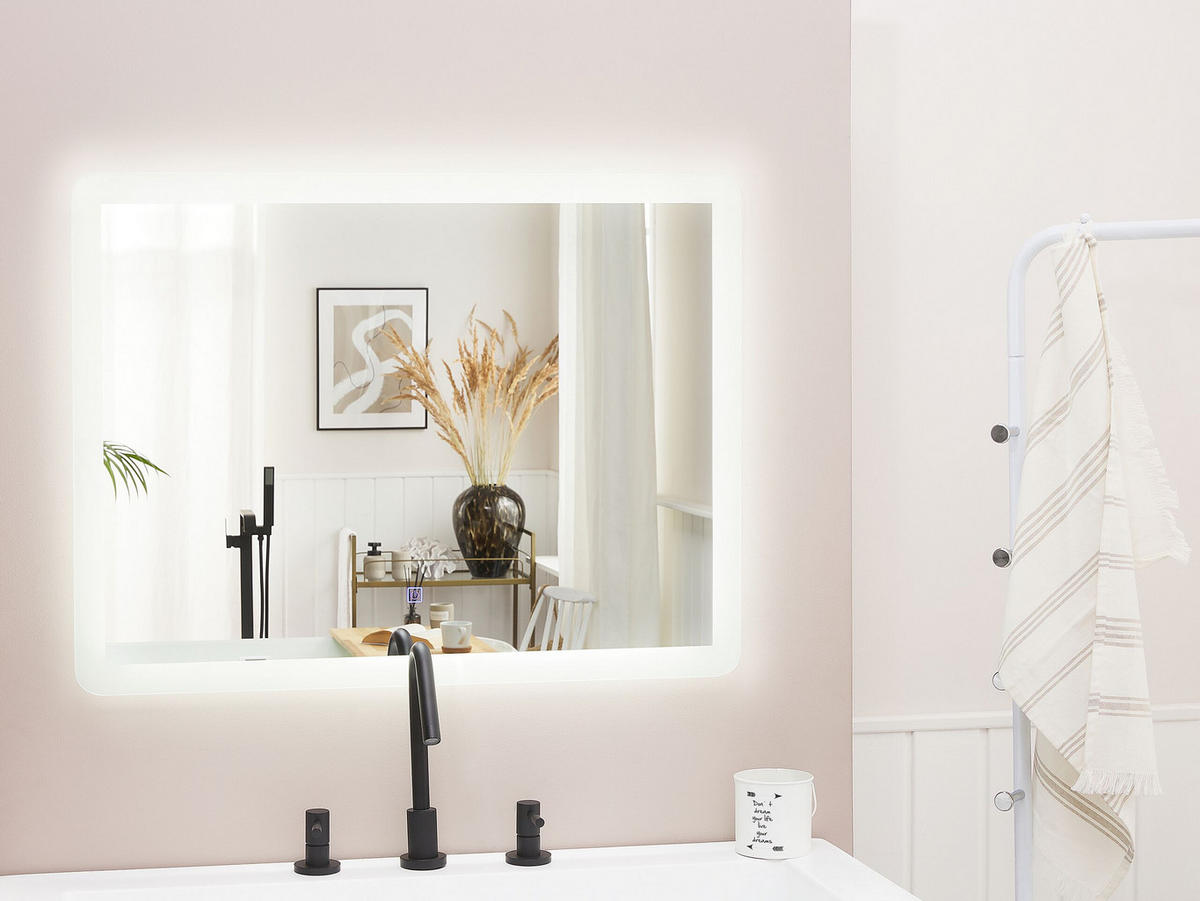 BADSPIEGEL mit LED-Beleuchtung rechteckig 80/60 cm Corroy - Silberfarben, Glas (80/60/3cm) - Beliani