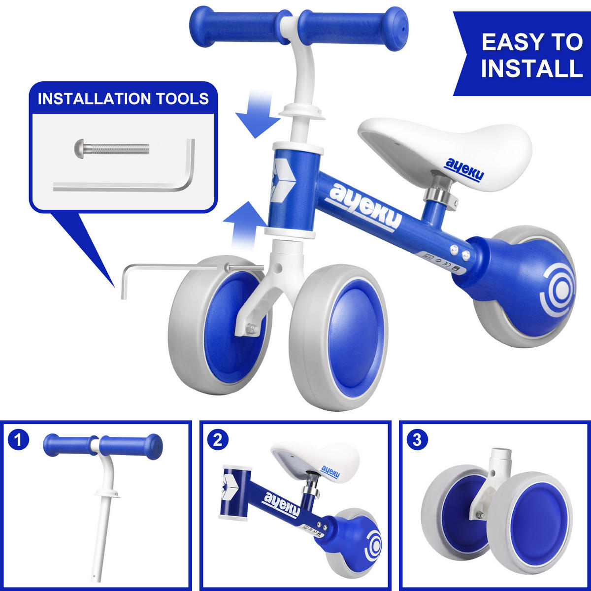 LAUFRAD KINDER mit verstellbarem Sitz und leisen Rädern, 36cm, Blau - Blau, Metall (51/22/36cm) - Ayeku