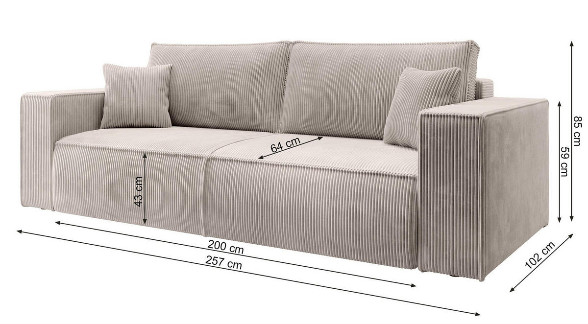 SOFA FARESE Hellgrau mit Cordbezug - Hellgrau, Textil/Metall (257/85/102cm) - Selsey