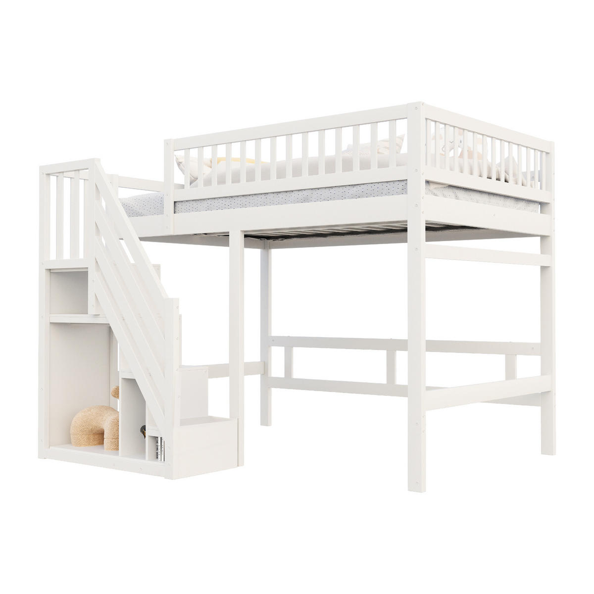 HOCHBETT aus Massivholz 140x200 cm in Weiß mit Aufbewahrungstreppe - Weiß, Holz (140/200cm) - Modfu