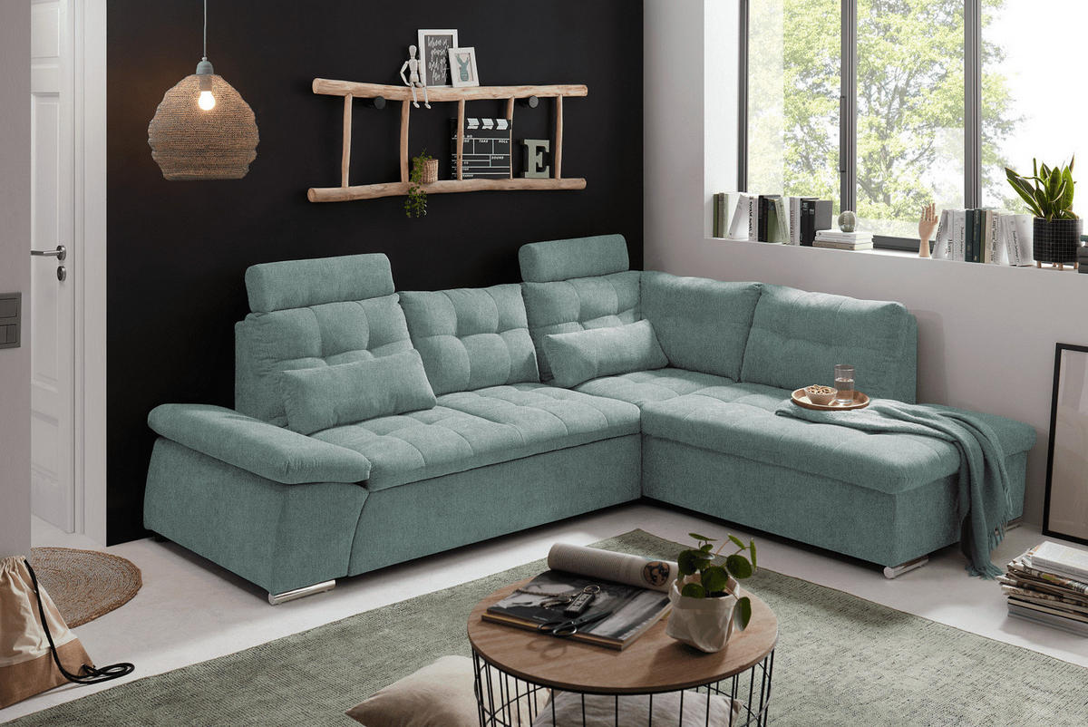 ECKSOFA mit Schlaffunktion, verstellbare Armlehne und Kopfstützen - Chromfarben/Blau, Textil (219/260cm) - ed exciting design