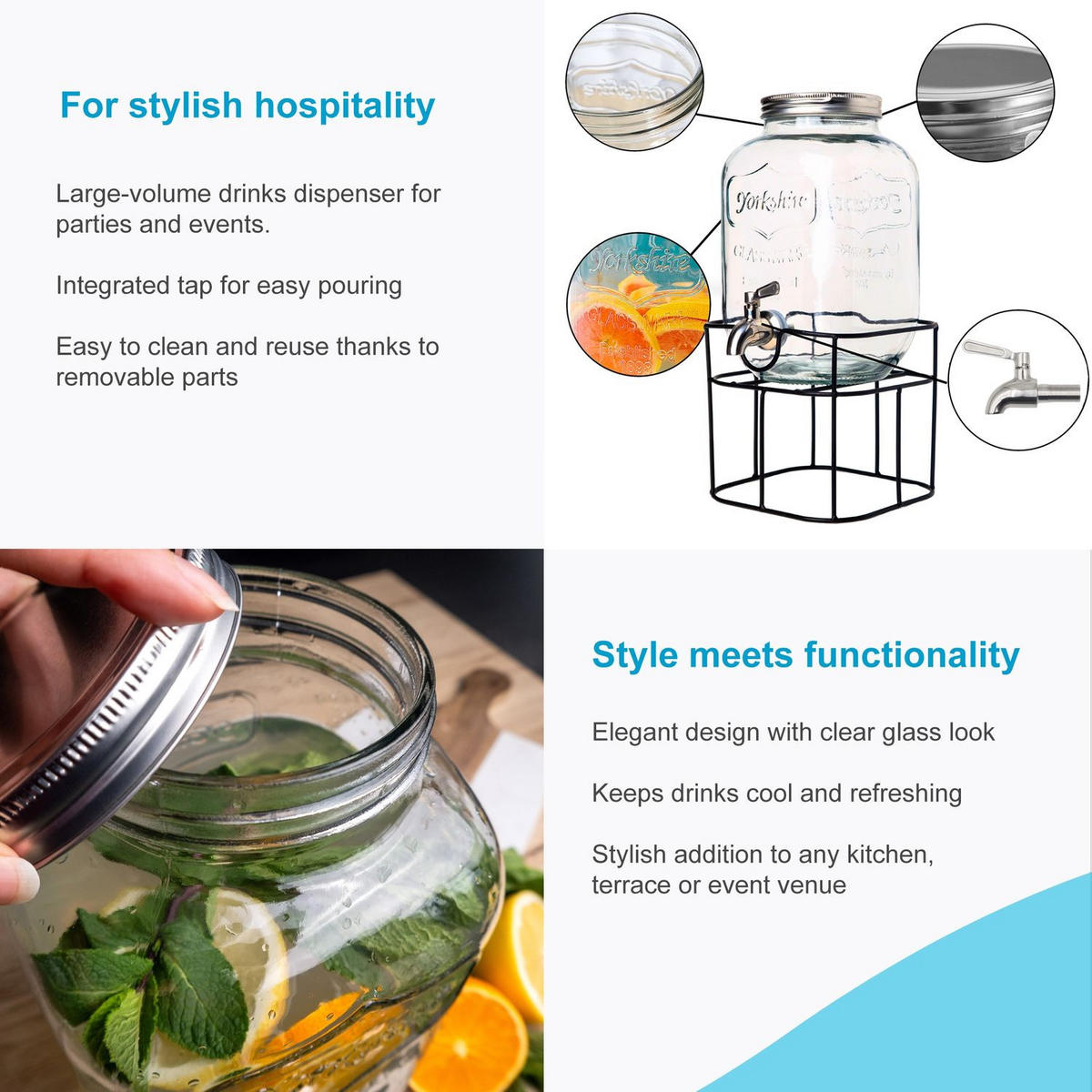 GETRÄNKESPENDER 4 Liter mit Zapfhahn und Gestell - Transparent, Glas (4L) - Intirilife