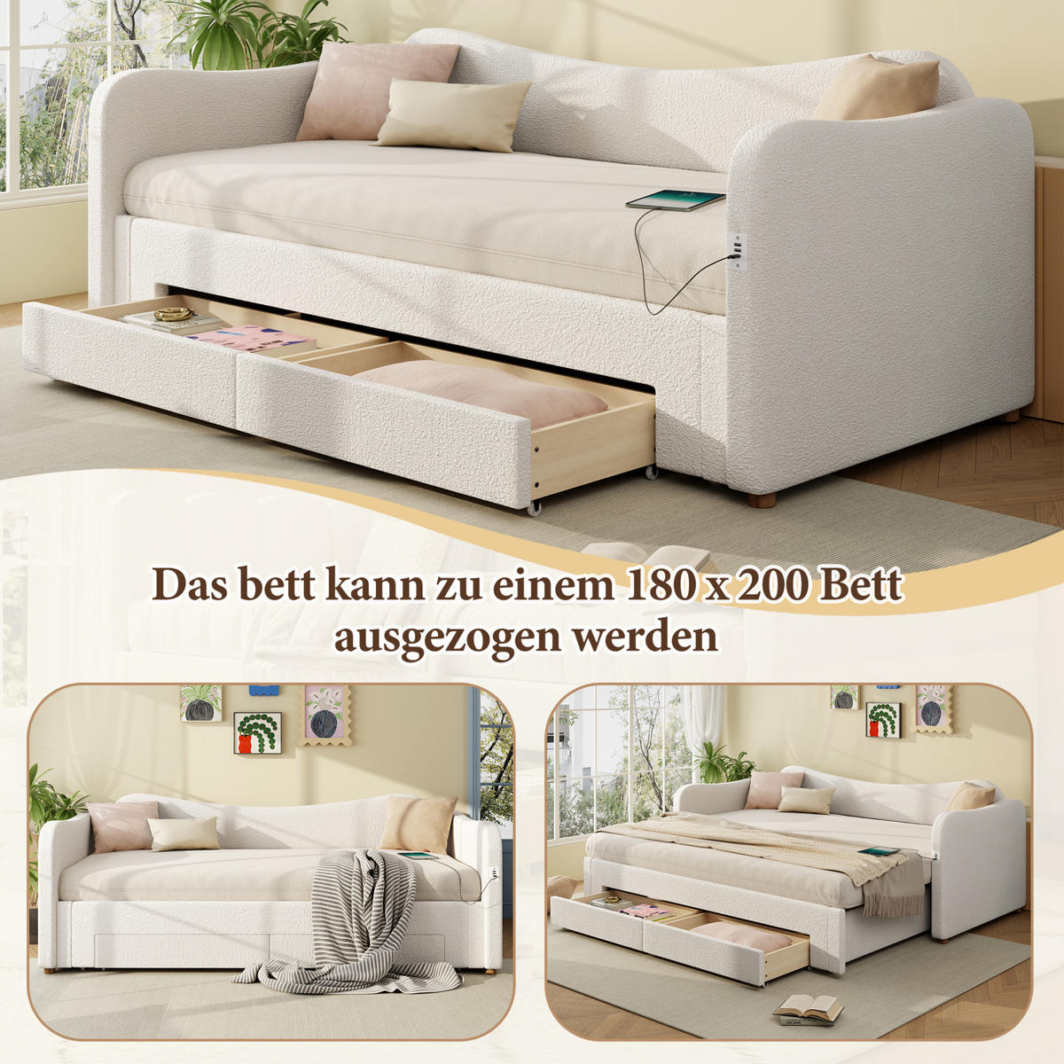 POLSTERBETT 90/200 cm Beige aus Bouclé mit Ausziehfunktion und Stauraum - Beige, Textil - OKMYHOME