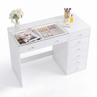 SCHMINKTISCH mit Beleuchtung LED 8 Schubladen Weiβ 120/55/81 CM - Weiß, Glas/Metall (120/81/55cm) - VANITII