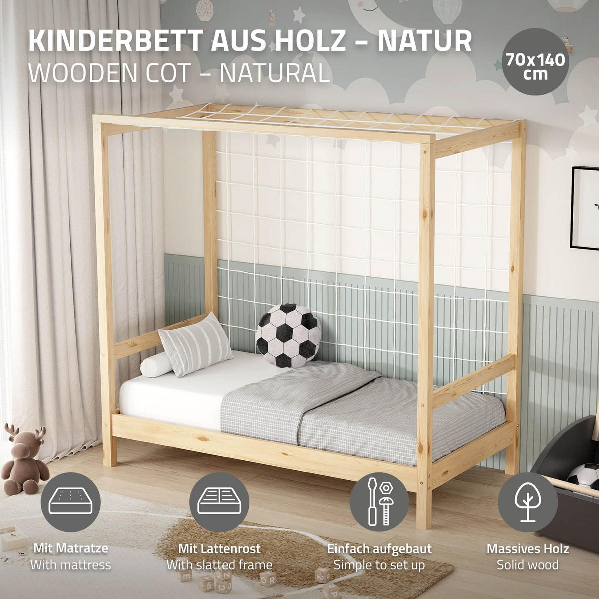 KINDERBETT Fußballtor mit Matratze 70x140 cm Natur Kiefernholz - Braun, Holz (70/140cm) - ML-DESIGN