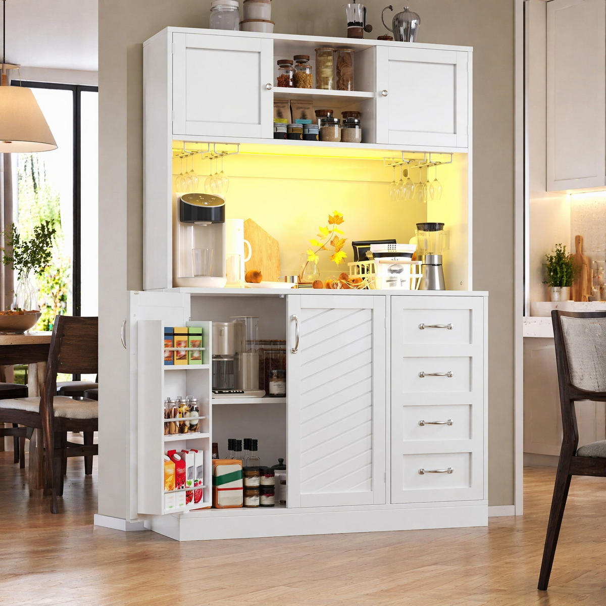 HIGHBOARD in Weiß Küchenschrank mit LED-Beleuchtung und Schubladen für Küche und Wohnzimmer, B120/T40/H188 cm - Weiß, Holzwerkstoff/Metall (120/188/40cm) - STILVORA