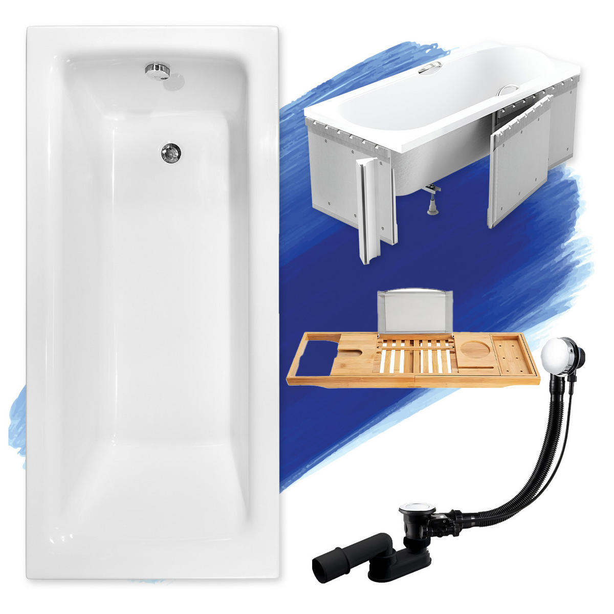 BADEWANNE Rechteck TALIA 170/75 + Styro + Ablage Ablauf Füße - Weiß, Kunststoff (75/55.5/170cm) - bad land