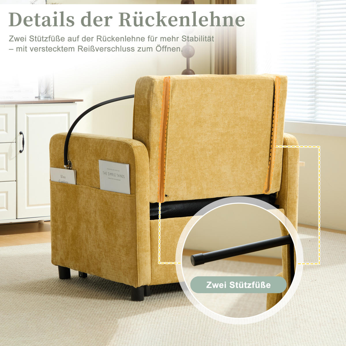 SCHLAFSESSEL 167/79/83 cm senfgelb aus Chenille mit Stauraum - Currygelb, Textil (79/83/167cm) - OKWISH