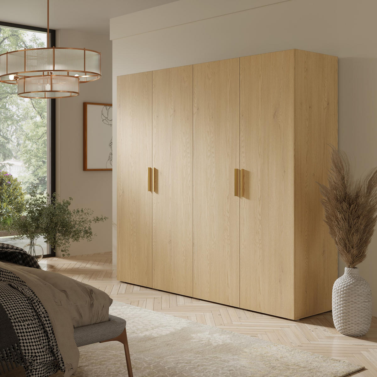 DREHTÜRENSCHRANK Napoli 4D 200 Eiche Cremona (schwarzer oder goldener Griff) - Eichefarben/Silberfarben, Holzwerkstoff/Kunststoff (200/35/60cm) - mzm24