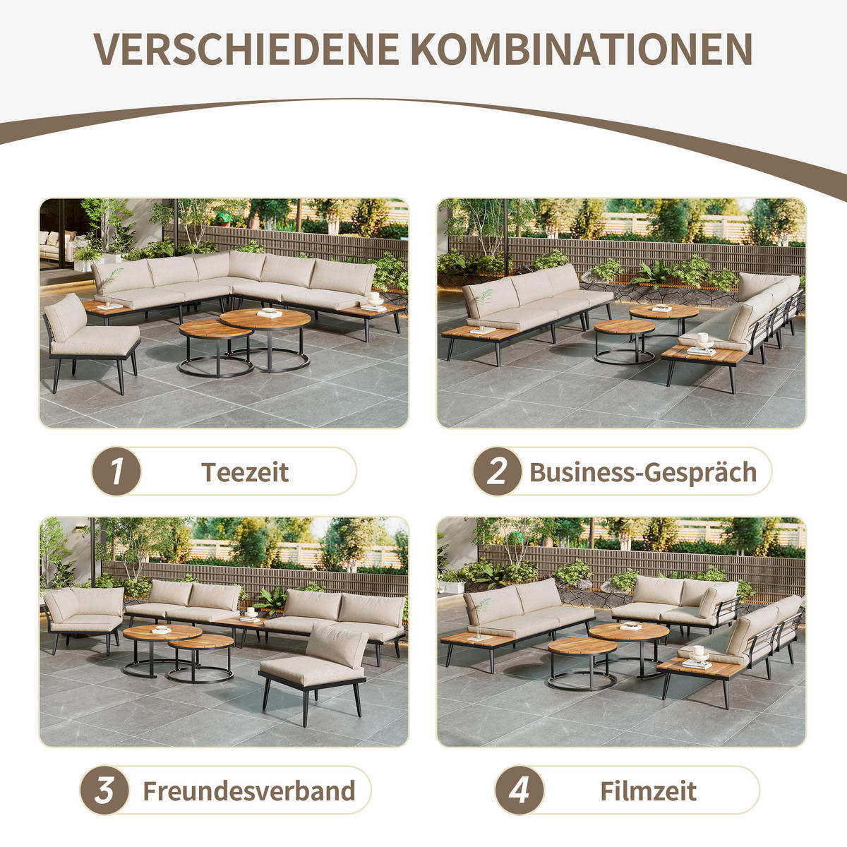 GARTENLOUNGE-SET Outdoor 6-tlg. Schwarz - Beige, Metall - ComfortXL