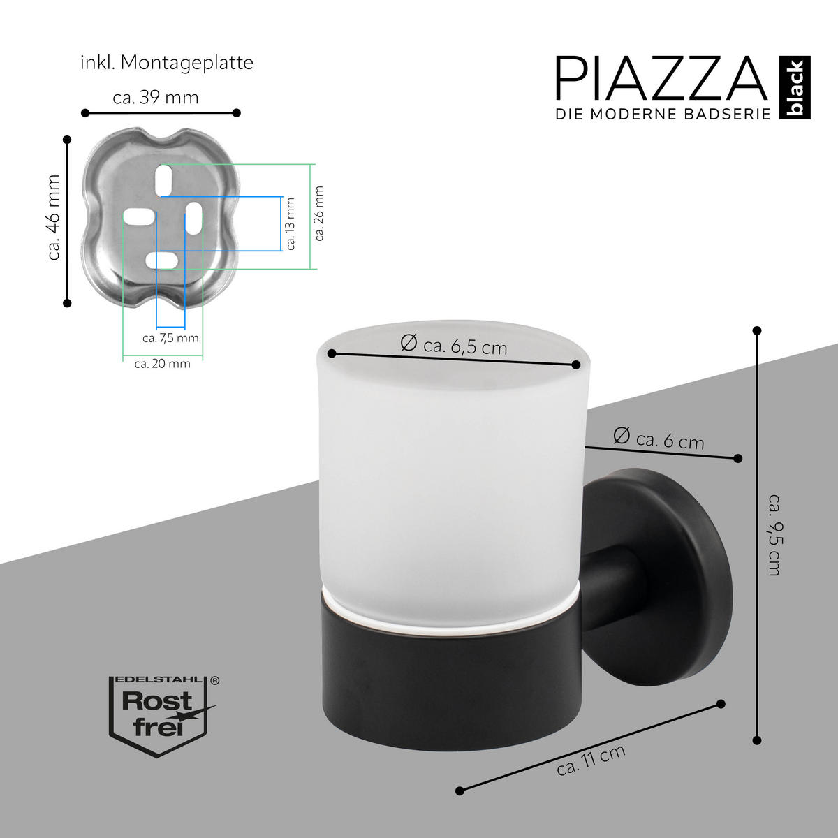 GLASBECHERHALTER PIAZZA BLACK mit Kleber, Glas und Edelstahl, schwarz - Schwarz, Metall (6.5/9.5/11cm) - bremermann