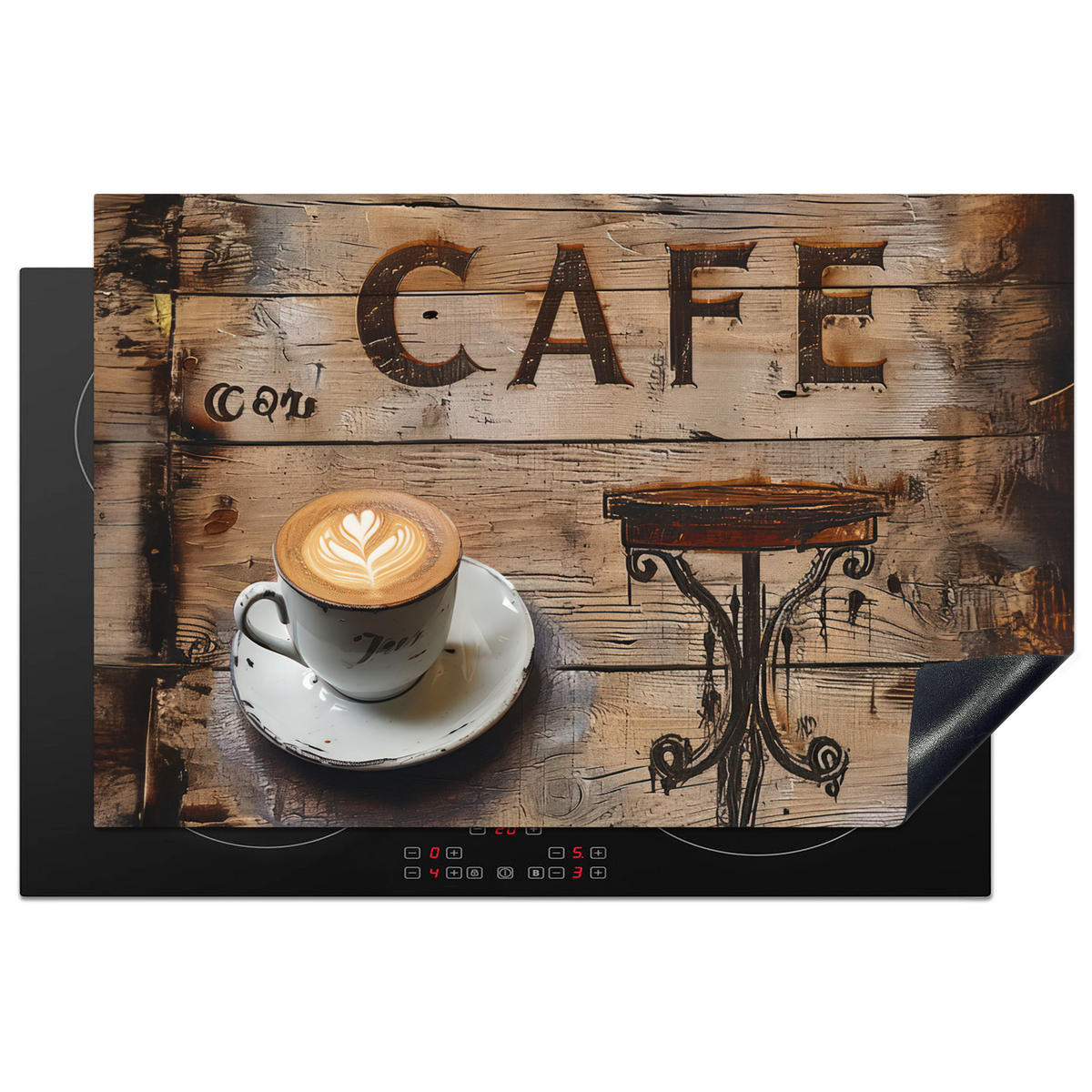 HERDABDECKPLATTE Cafe - Holz - Kaffee - Regale Induktionsschutz 80x52.2 cm - Schwarz, Kunststoff (80.2/52.2/0.2cm) - MuchoWow