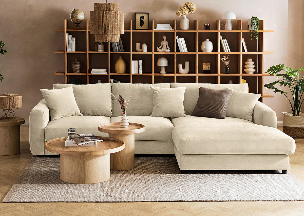 ECKSOFA mit Longchair - Beige/Schwarz, Holz/Kunststoff (286/183cm) - home24
