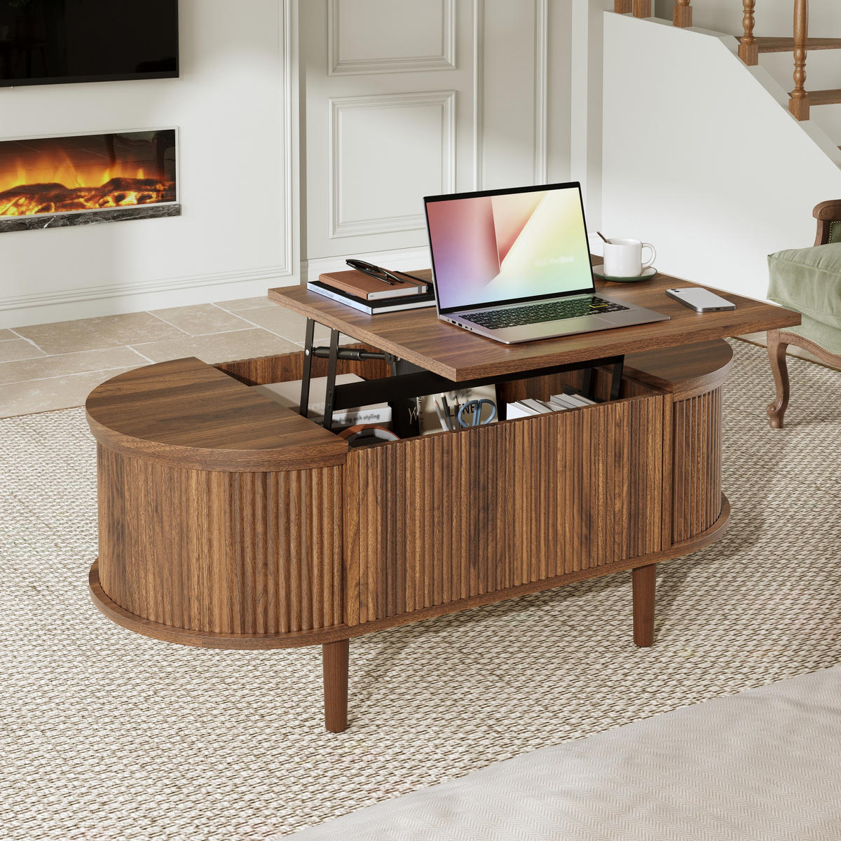 COUCHTISCH oval höhenverstellbar Stauraum Holz - Nussbaumfarben, Holz (48/100/53.5cm) - LEBENLANG