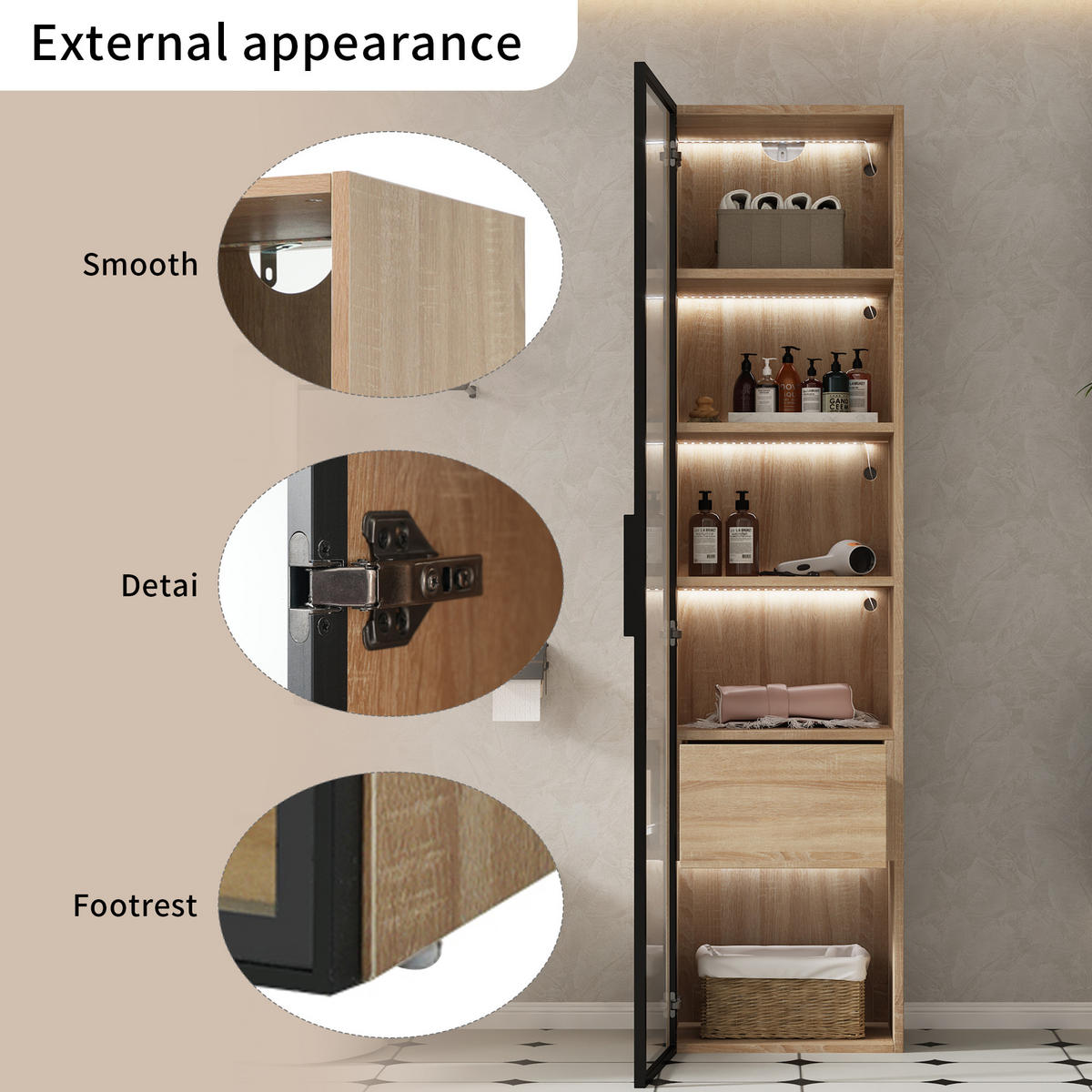 HOCHSCHRANK Naturfarben mit Glastür, Schublade und Lichtleiste 40/34,5/165 cm - Naturfarben, Holzwerkstoff (40/165/34.5cm) - PANGIVO