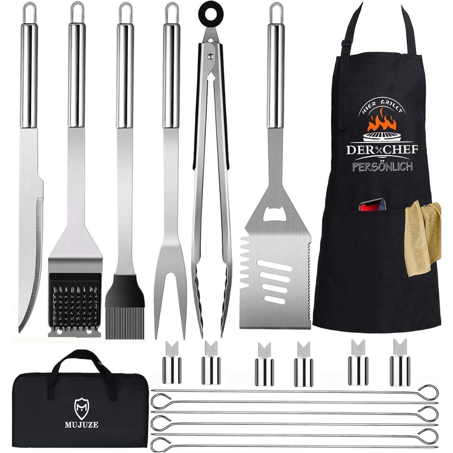GRILLBESTECK Set 20-teilig Edelstahl mit Schürze und Koffer - Multicolor, Metall (38.3cm)