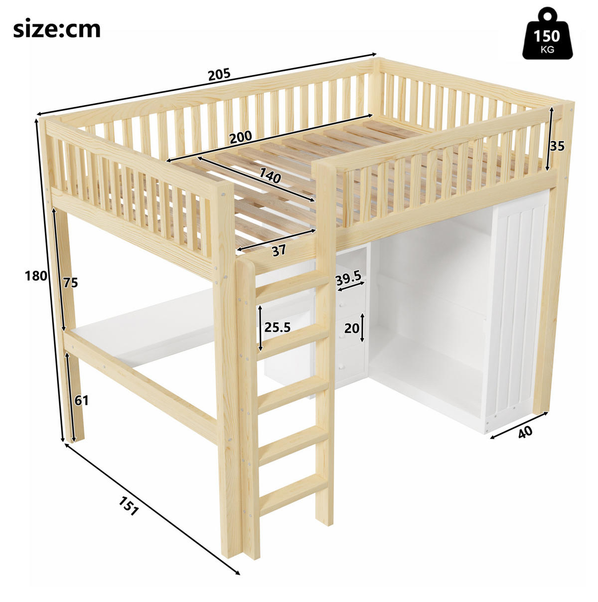 HOCHBETT 140/200 cm Natur aus Kiefernholz und MDF mit Schreibtisch - Naturfarben, Holz (140/200cm) - OKMYHOME