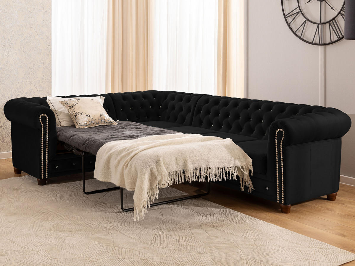 ECKSOFA mit Schlaffunktion Chesterfield Schwarz Samt mit Kristallsteppung und braunen Massivholzfüßen - Ottomane Links - Schwarz/Braun, Holz/Textil (264/210cm) - S-Style Möbel