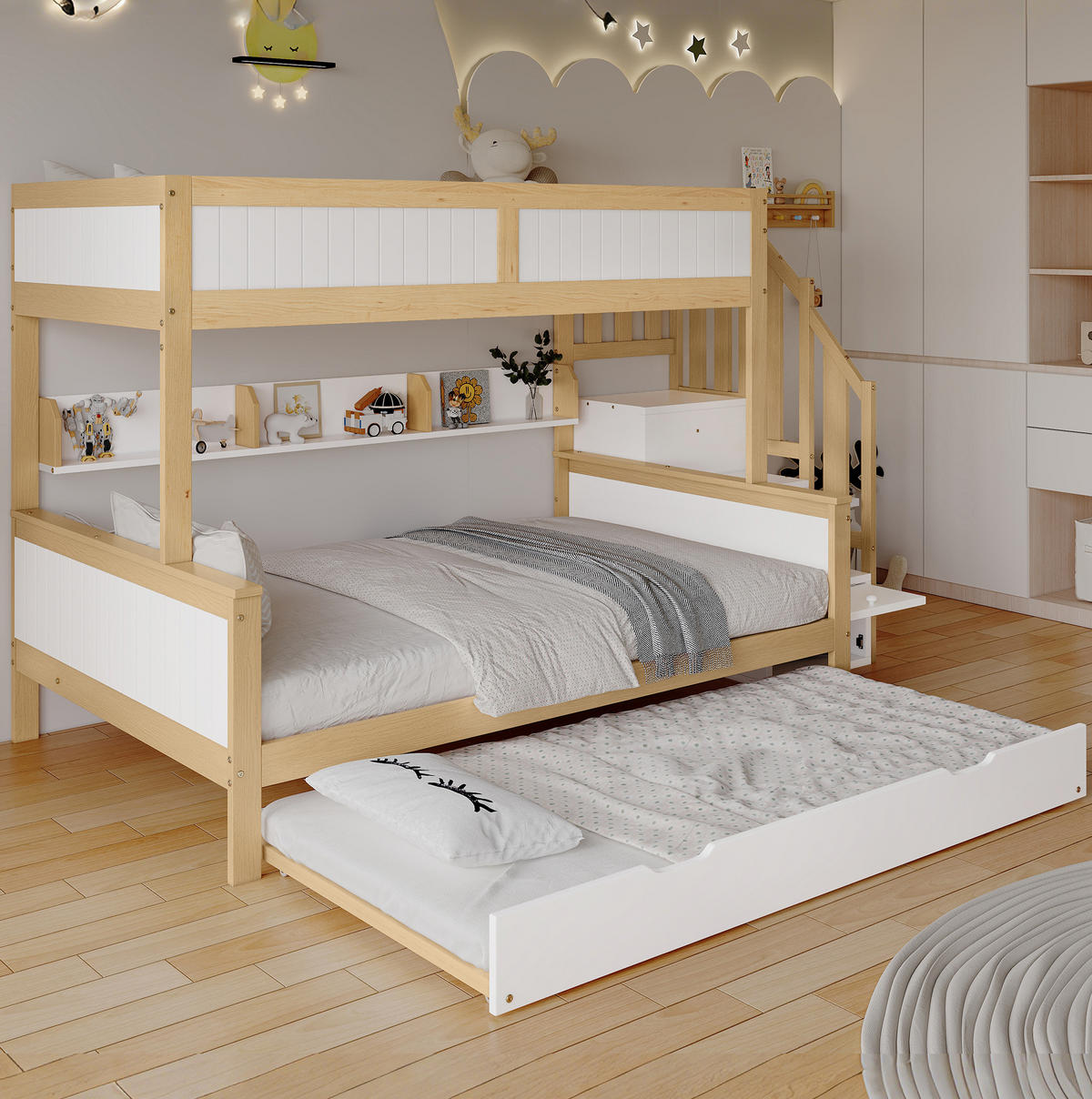 ETAGENBETT 90/200 & 120/200 cm Weiß Natur mit Rollbett und Stauraumtreppe aus Kiefer+MDF - Weiß, Holzwerkstoff (90/200cm) - OKWISH