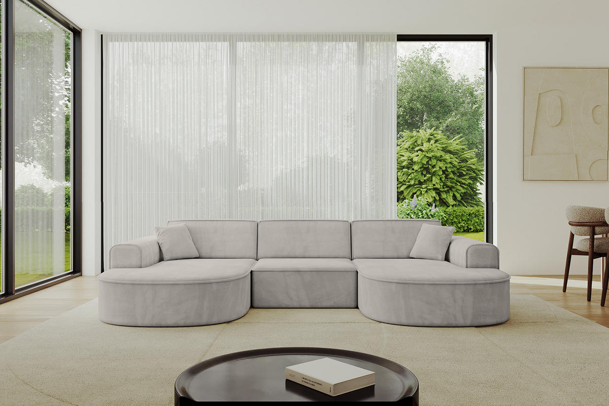 WOHNLANDSCHAFT MARI-U1 - 303x171x79 cm Hellbraun Velours - Hellbraun/Schwarz, Holzwerkstoff/Kunststoff (303/79/171cm) - ALTDECOR
