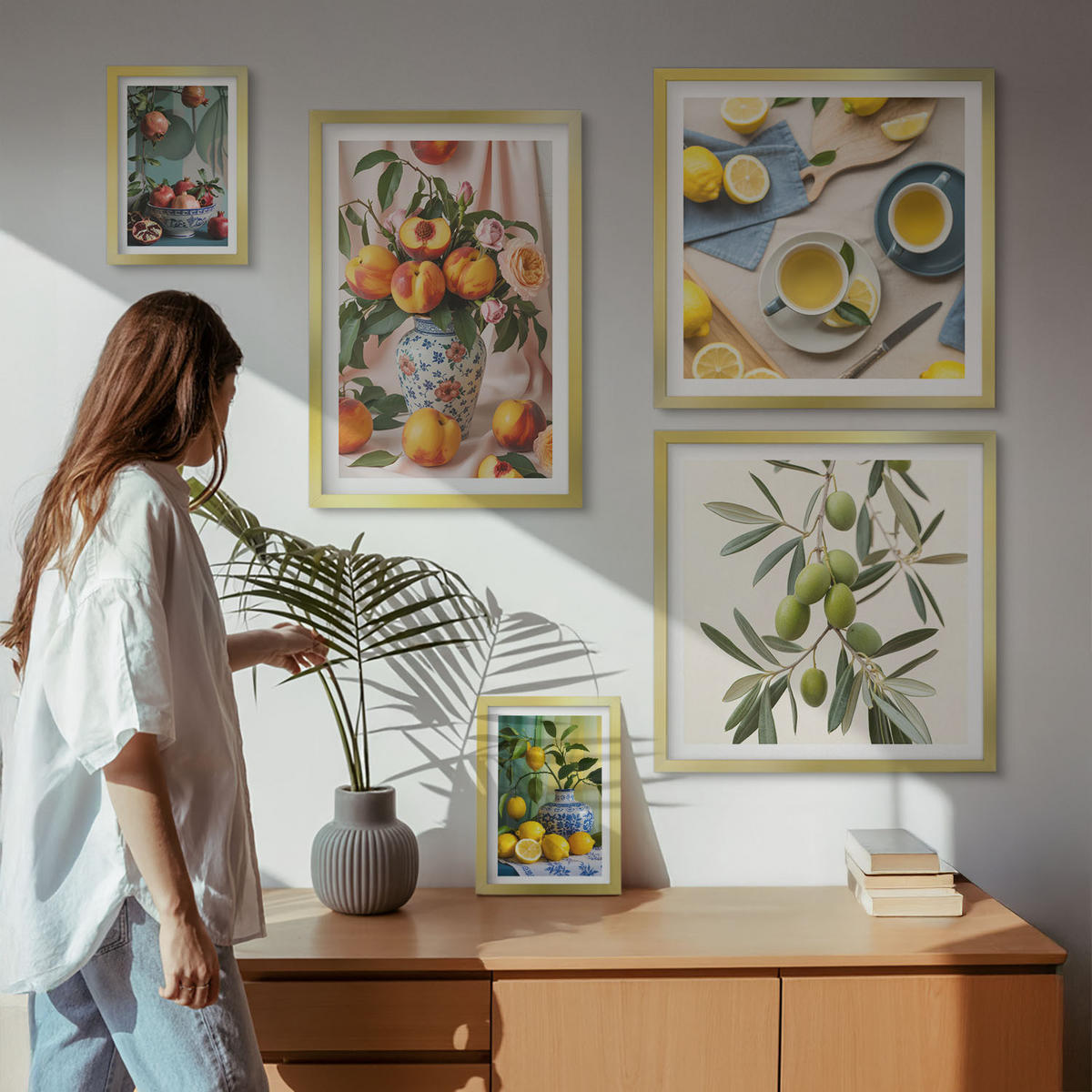 BILDER SET 5er Set - 50x50 cm & 20x30 cm & 40x60 cm Goldrahmen - Fruchtzusammensetzungen - Goldfarben, Kunststoff (40/60cm) - TULUP