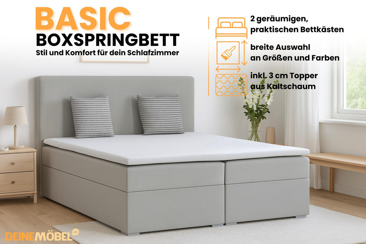 BOXBETT BASIC 180/200 Velours Hellgrau mit Taschen-Federkernmatratzen 7 Zonen H4 - Hellgrau, Holz/Holzwerkstoff (180/200cm) - Deine Möbel 24