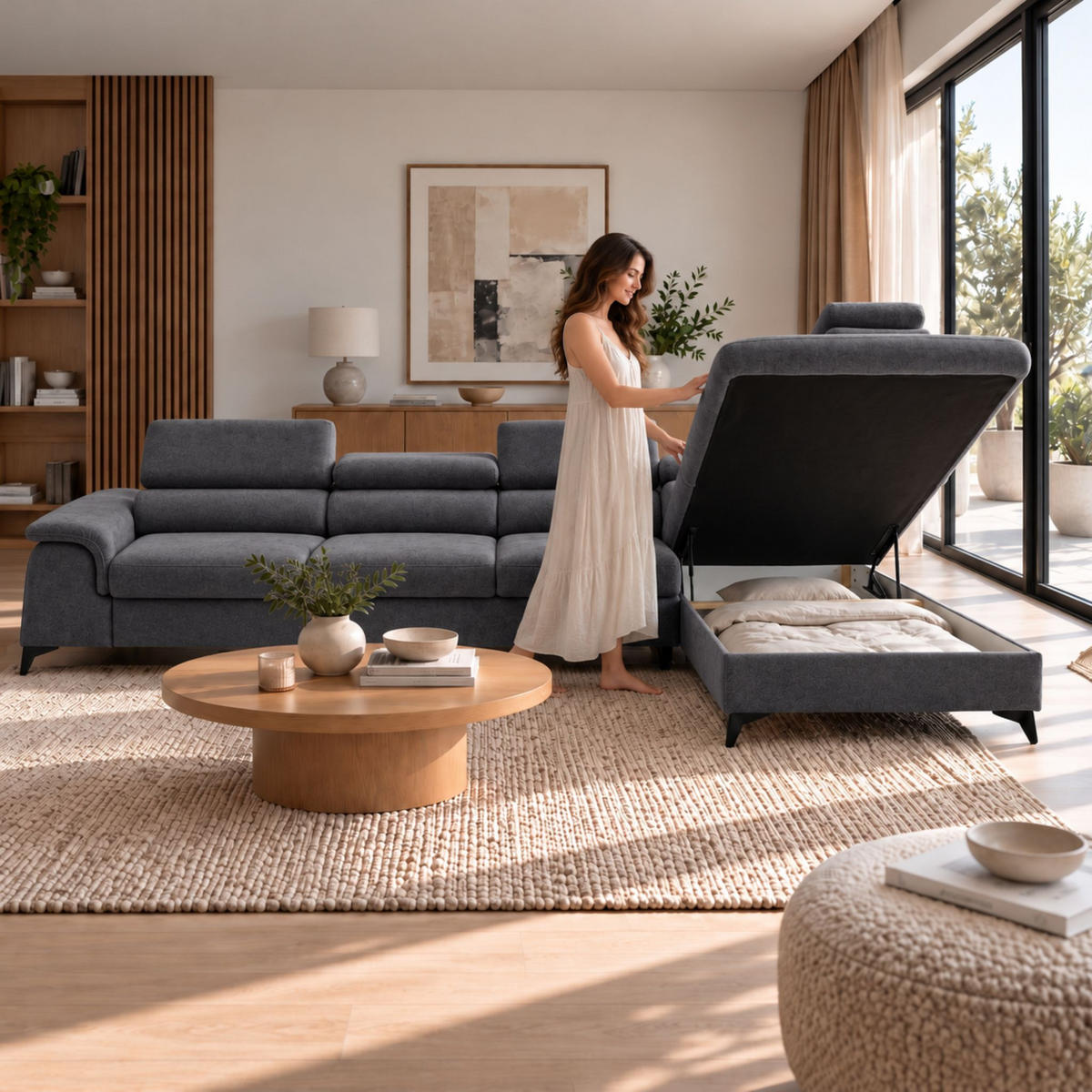 ECKSOFA PLAZA MAXI Rechts mit Schlaffunktion 127x195 Velours Dunkelgrau - Dunkelgrau/Schwarz, Holz/Textil (203/350cm) - Muffo