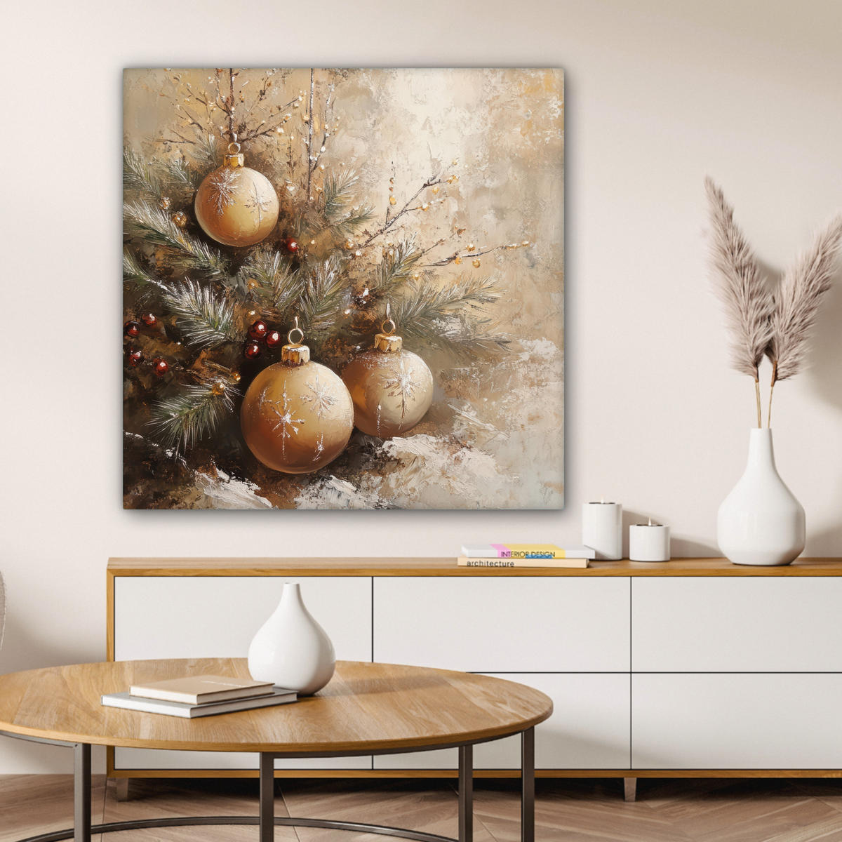 LEINWANDBILD Weihnachten - Kugeln - Beige - Gold Deko Groß 90x90 cm - Goldfarben, Textil (90/90cm) - MuchoWow