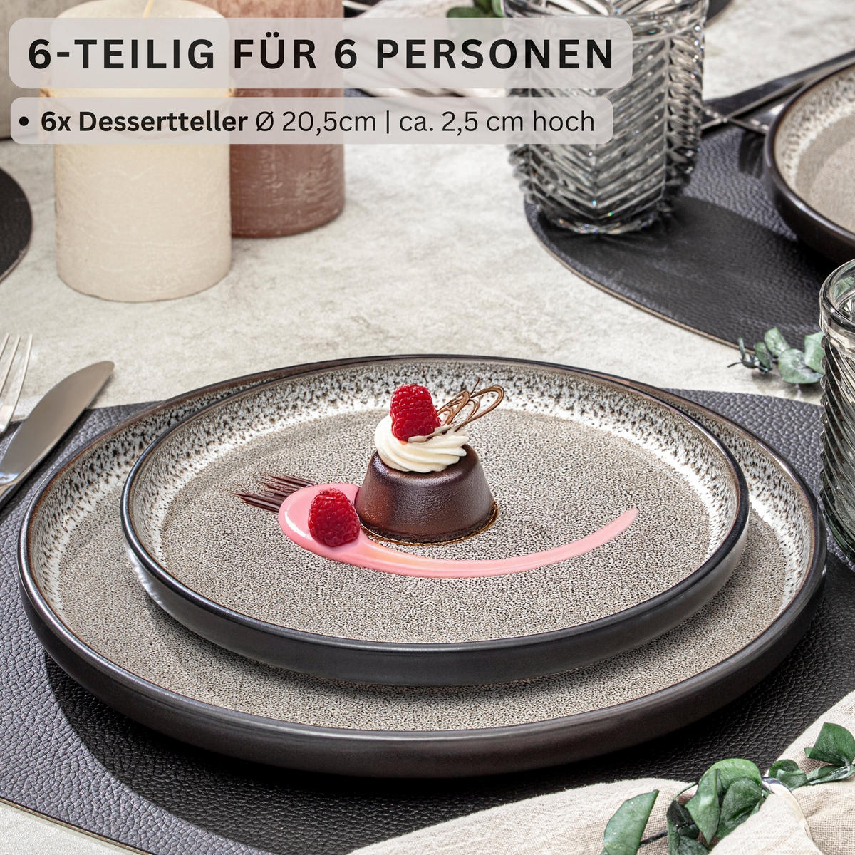 DESSERTTELLER SET LUXOR - 6 teilig aus Steingut - Beige, Stein (20.5cm) - Sänger