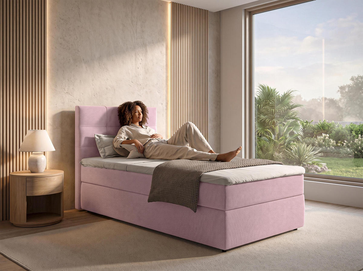 BOXBETT SAKARYA 100x200 cm mit Bettkasten und Matratze - Rosa + TOPPER - Schwarz/Rosa, Holz/Holzwerkstoff (100/200cm) - AX Living