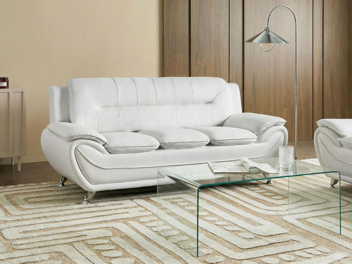 3-SITZER-SOFA Kunstleder Weiß Leira - Silberfarben/Weiß, Kunststoff (193/86/78cm) - Beliani