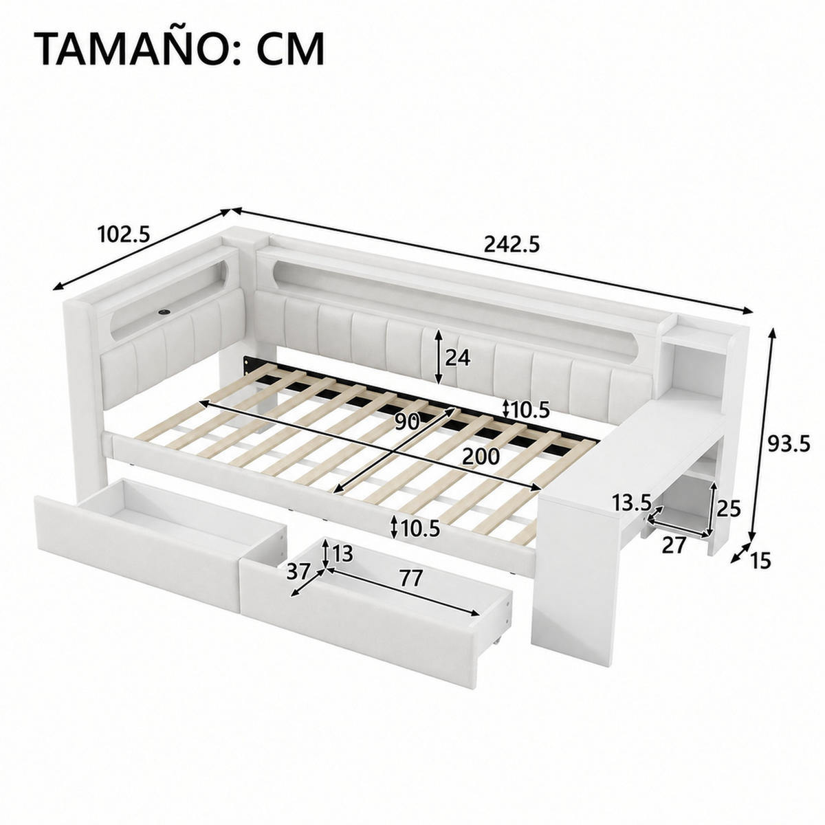 JUGENDBETT 90/200 mit LED, Schreibtisch und 2 Schubladen in Weiß - Weiß, Holzwerkstoff/Textil (90/200cm) - EVRYAE