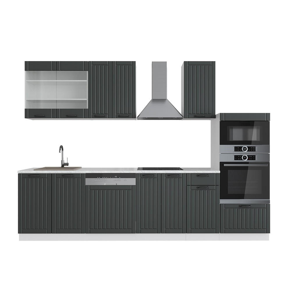 KÜCHENZEILE Fame-Line Anthrazit Landhaus/Weiß 300 cm mit Hochschrank, AP Marmor - Anthrazit/Weiß, Holzwerkstoff (300/153.6/60cm) - Vicco