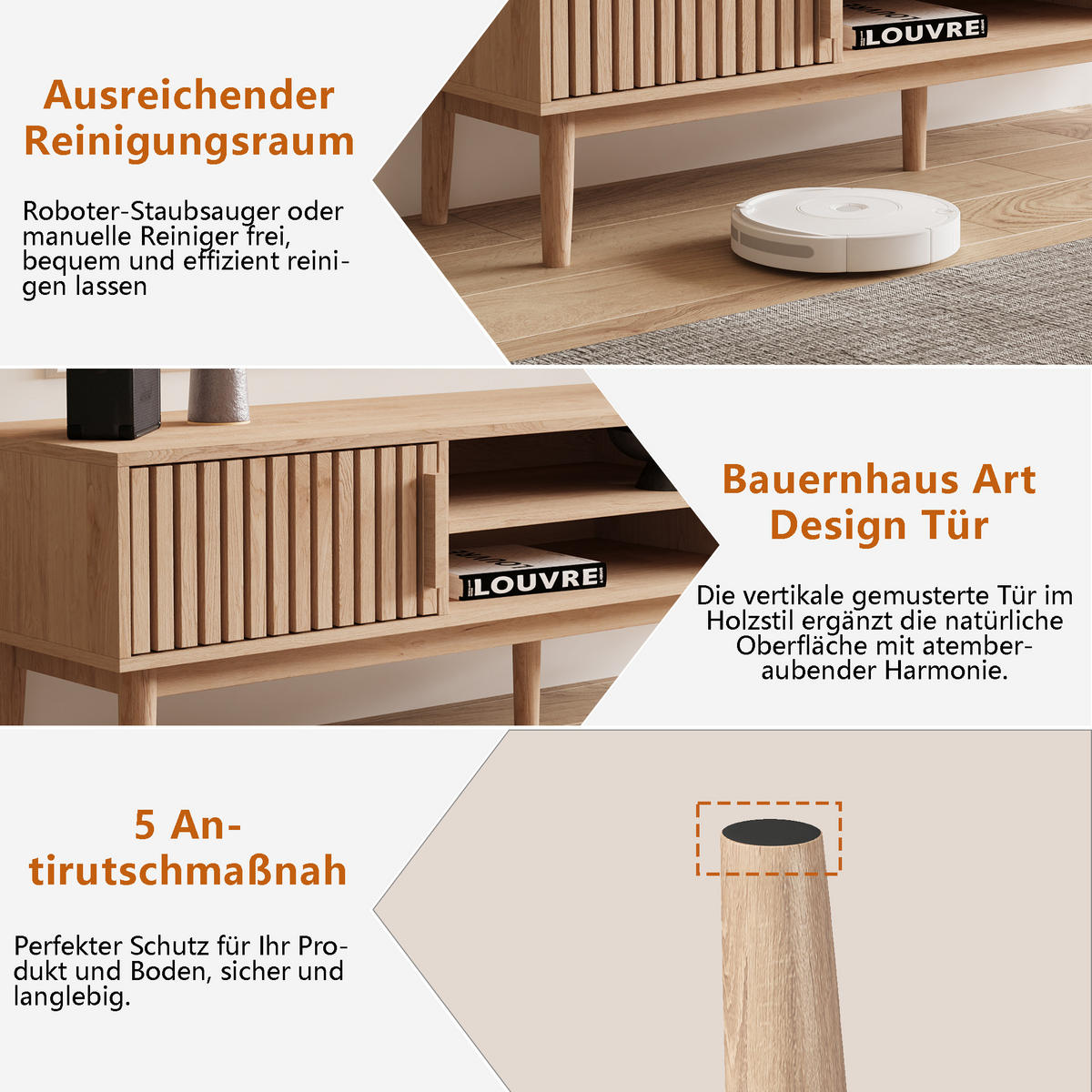 TV LOWBOARD 150x40x48 cm Ablagefächer Holz Art Deco - Naturfarben, Holz (150/48/40cm) - LEBENLANG