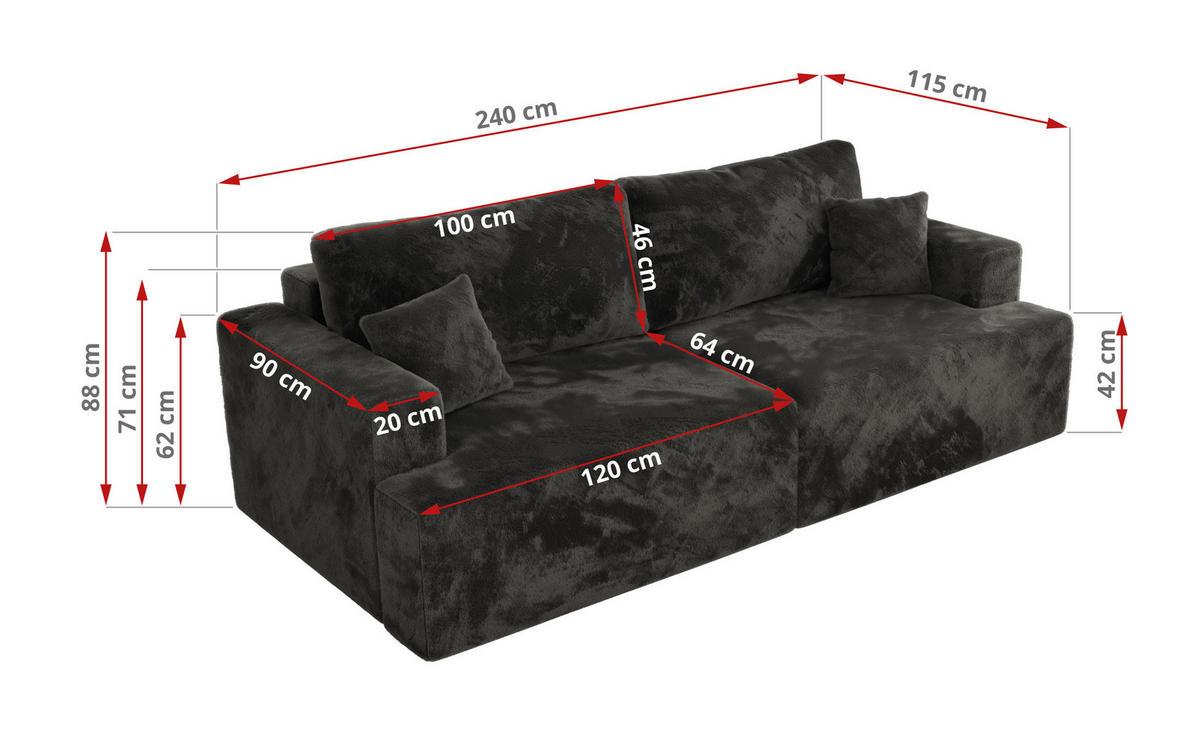 4-SITZER SOFA VIRELLA Dunkelgrau Plüsch - Dunkelgrau/Schwarz, Textil (240/88/115cm) - MKS