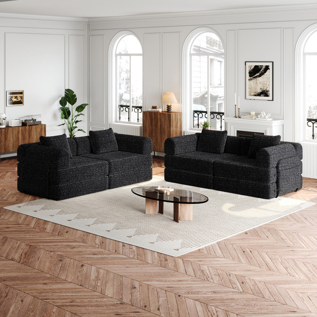 SITZGARNITUR 2-in-1 mit Armlehnen-Ablagefach Chenille Schwarz 200/90/85 cm - Schwarz, Textil (181.6/49.5/94cm) - OKWISH