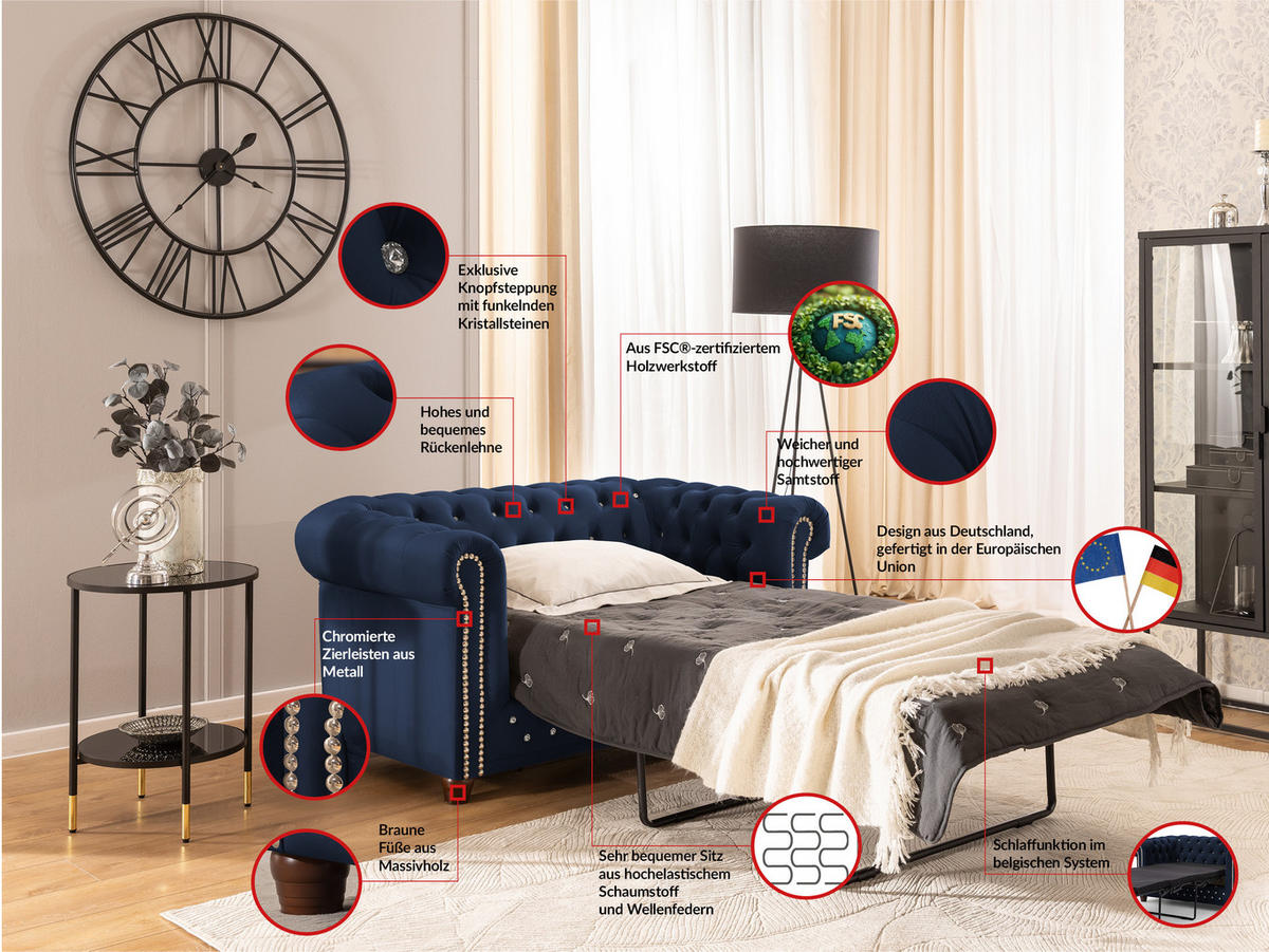 CHESTERFIELD-SOFA 2-Sitzer mit Schlaffunktion Cleo Blink Marineblau Samt mit Kristallsteppung und braunen Massivholzfüßen - Blau/Braun, Holz/Textil (148/72/86cm) - S-Style Möbel