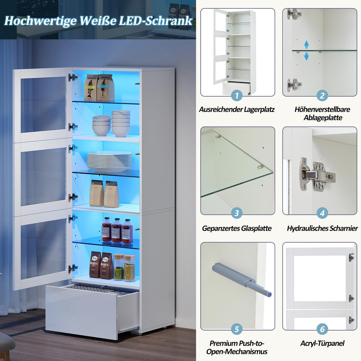 VITRINE LED Hochglanz Acryl Tür 3 Glasböden Weiß 173cm Highboard - Weiß, Glas (60/173/40cm) - FLIEKS