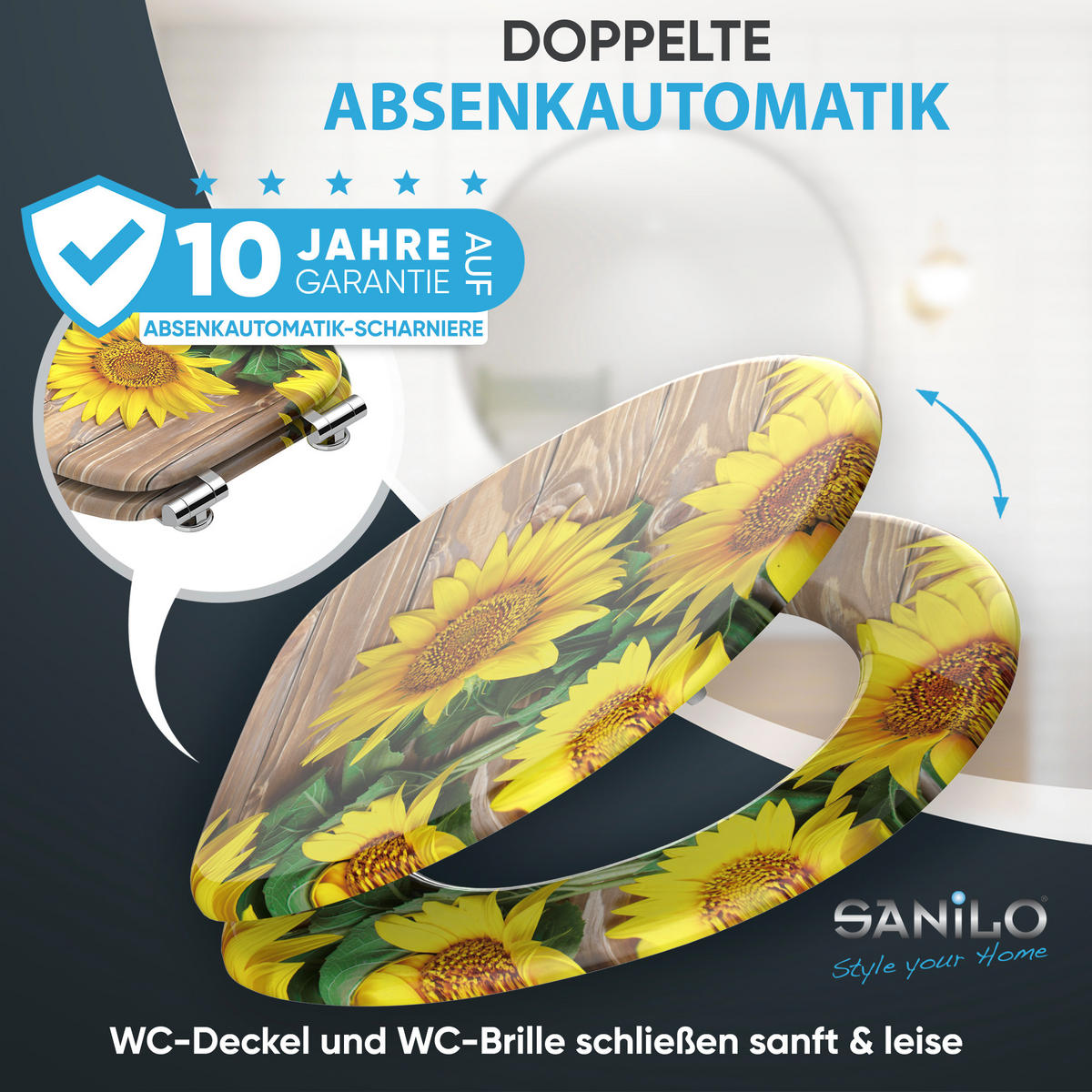 WC Sitz mit Absenkautomatik Sunflower - Gelb, Holzwerkstoff (38/6/47cm) - Sanilo