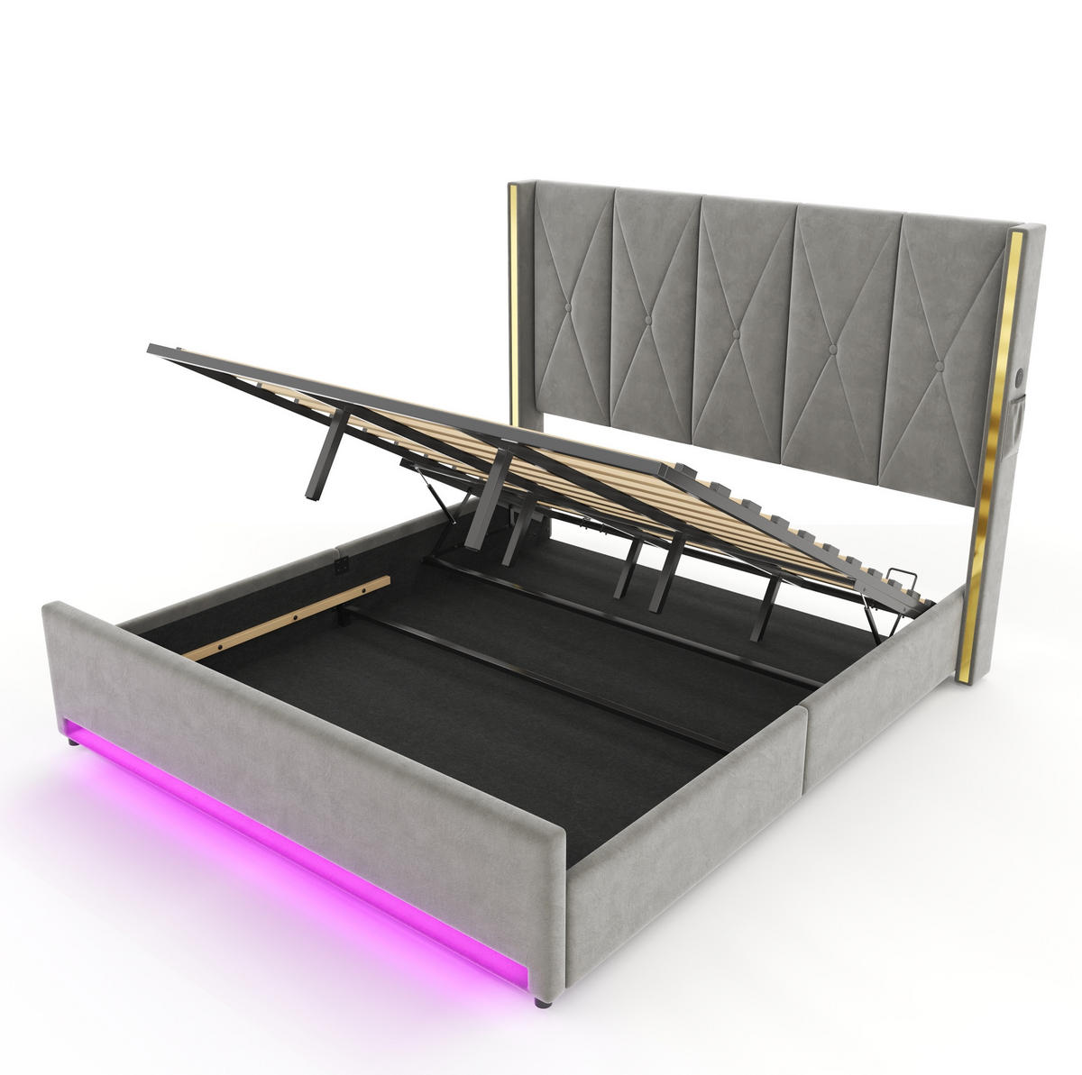 POLSTERBETT 180/200 cm mit LED-Beleuchtung, USB- und Type-C-Anschluss, Bettkasten und Seitentaschen, Dunkelgrau - Dunkelgrau, Textil (180/200cm) - Redom
